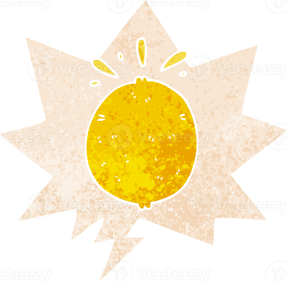 cartoon lemon with speech bubble in grunge distressed retro textured style png