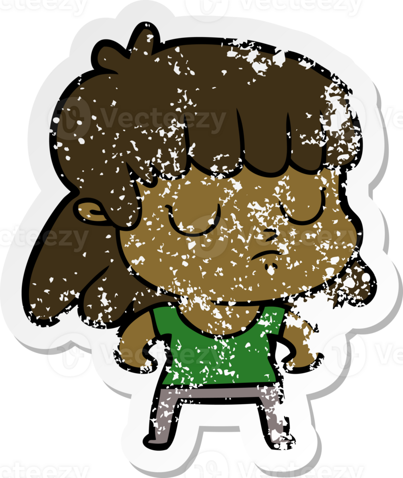 distressed sticker of a cartoon indifferent woman png