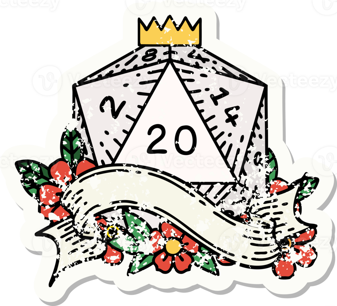 grunge sticker of a natural twenty D20 dice roll png
