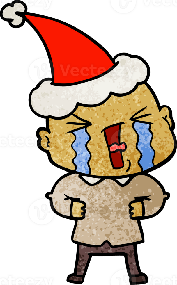 hand drawn textured cartoon of a crying bald man wearing santa hat png