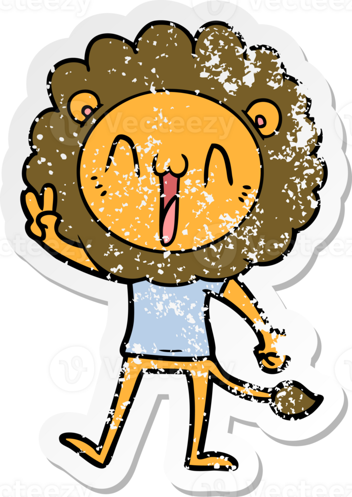 distressed sticker of a happy cartoon lion png