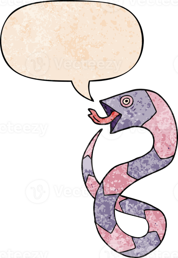hissing cartoon snake with speech bubble in retro texture style png