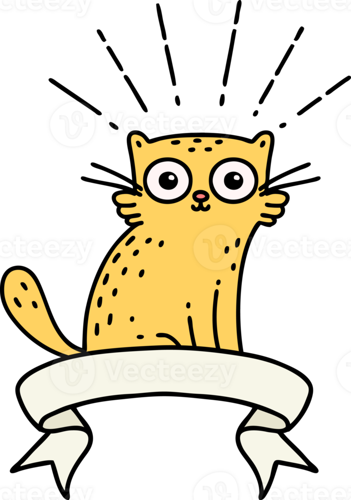 scroll banner with tattoo style surprised cat png