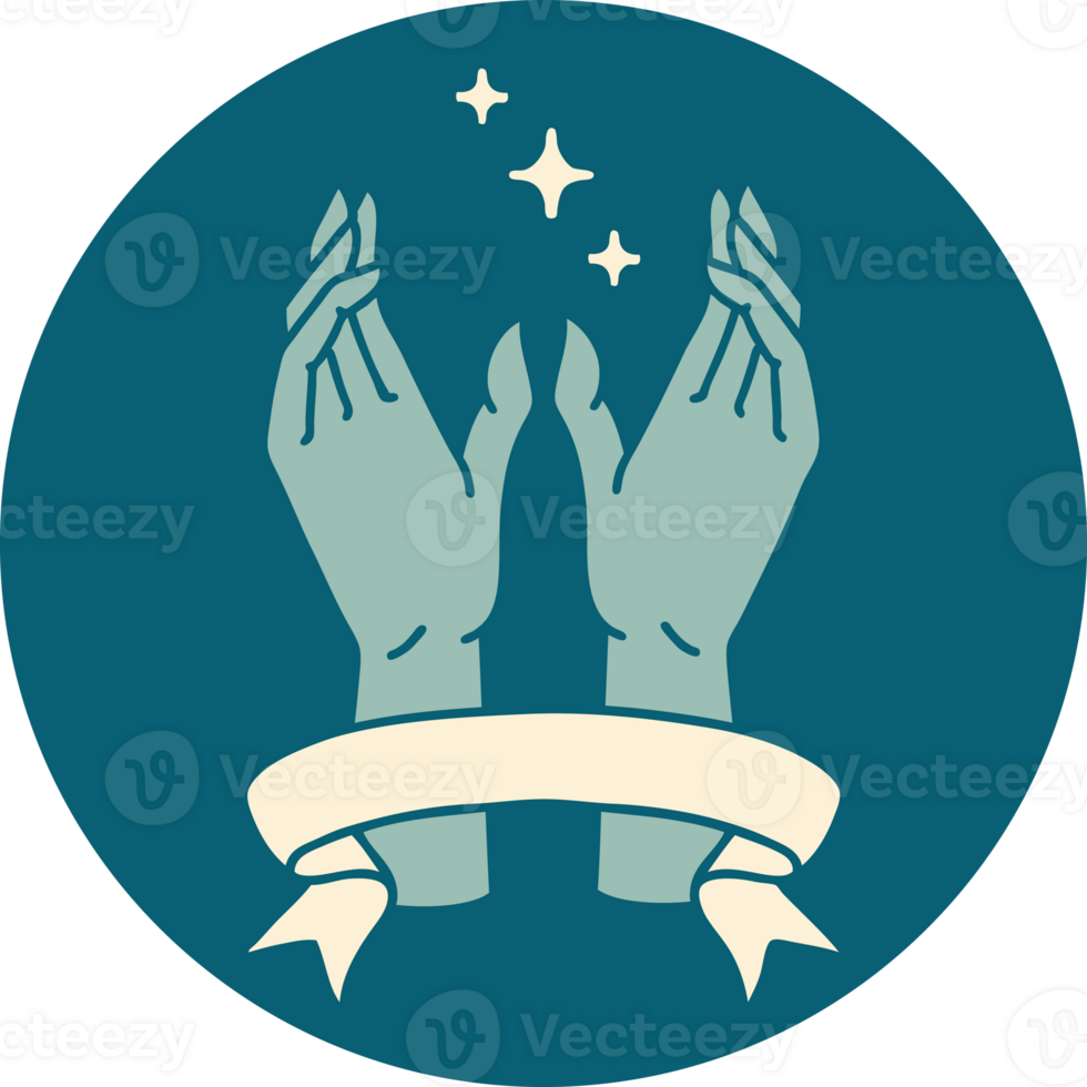 tattoo style icon with banner of mystic hands png