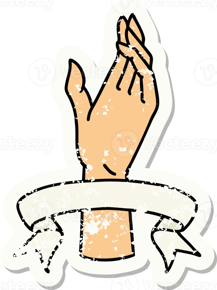 worn old sticker with banner of a hand png