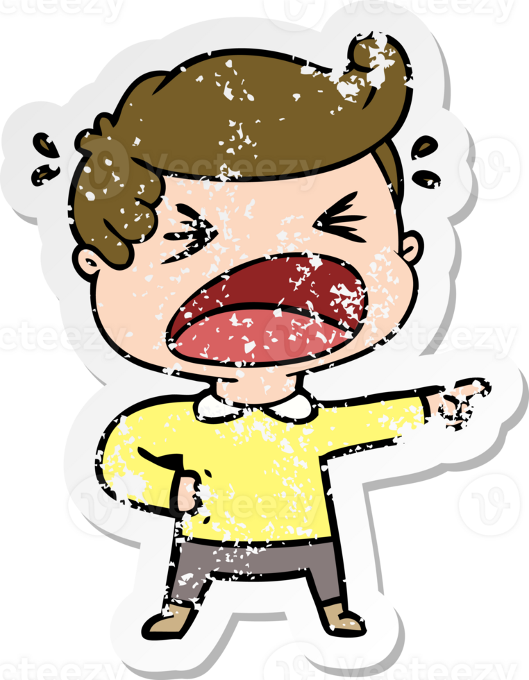 distressed sticker of a cartoon shouting man pointing finger png