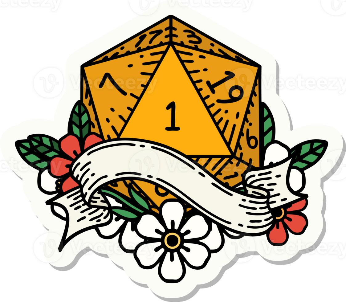 sticker of a natural one d20 dice roll png