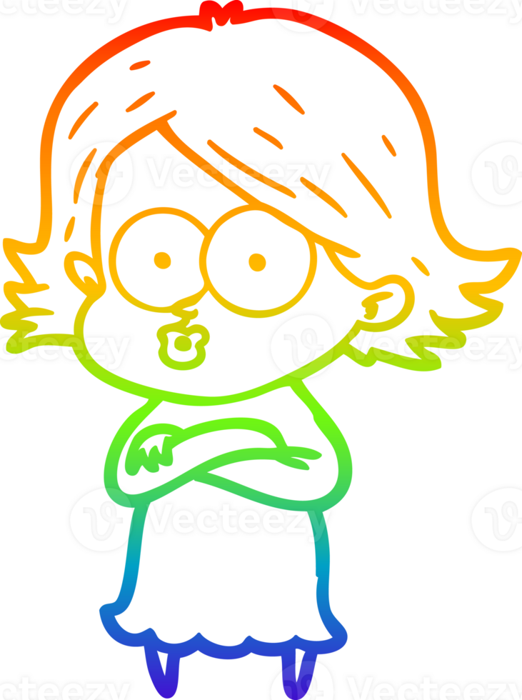 rainbow gradient line drawing of a cartoon girl pouting png