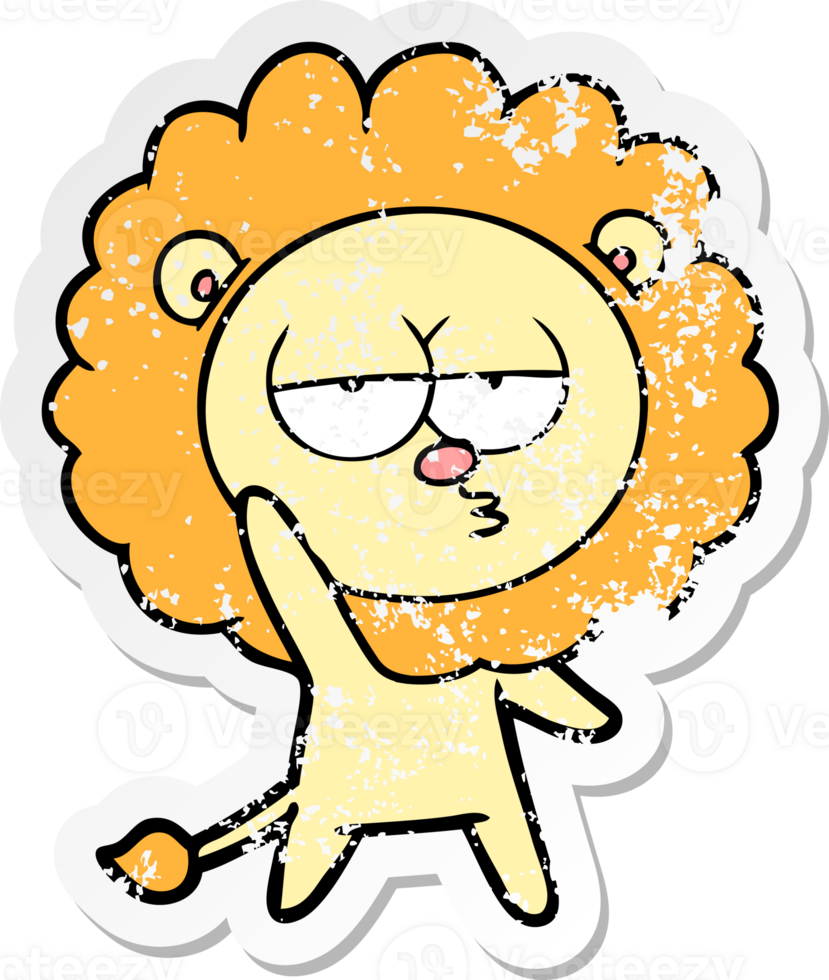 distressed sticker of a cartoon bored lion waving png