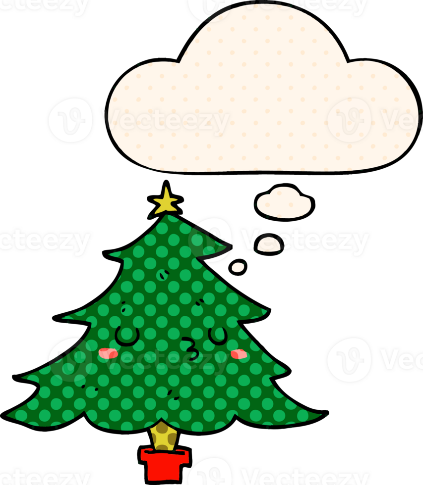 cute cartoon christmas tree with thought bubble in comic book style png