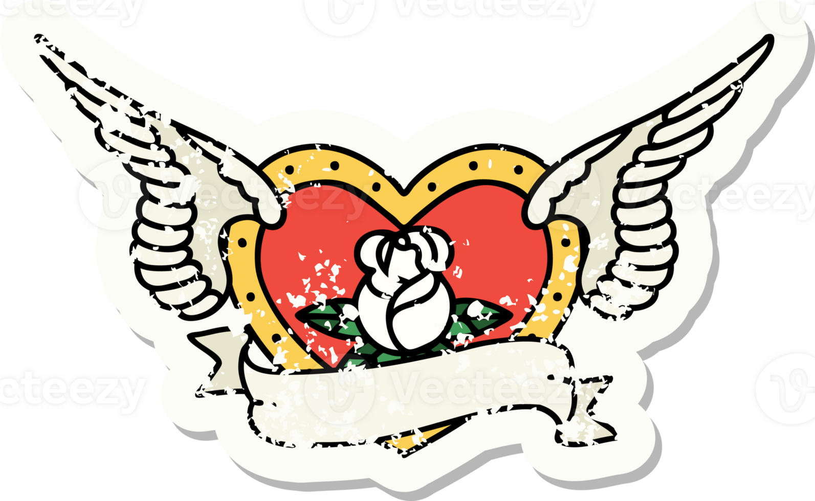 distressed sticker tattoo in traditional style of a flying heart with flowers and banner png