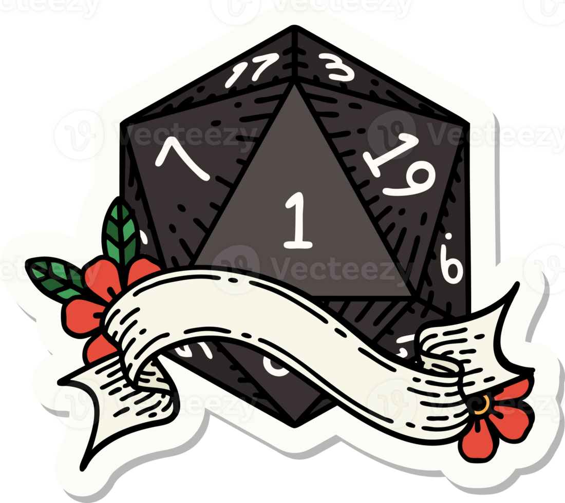 sticker of a natural one d20 dice roll png