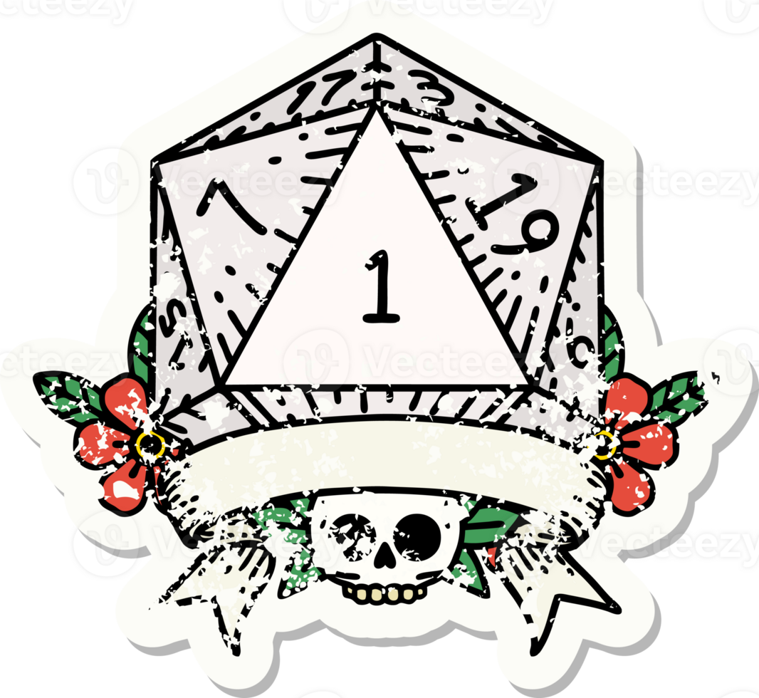 grunge sticker of a natural one d20 dice roll png