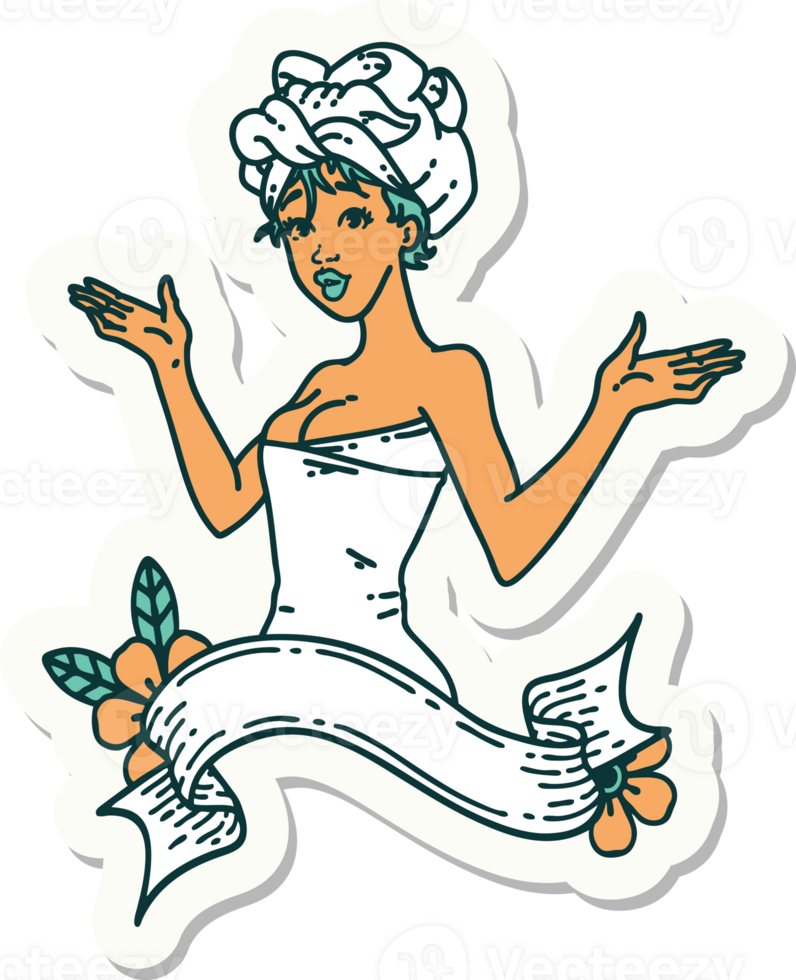 sticker of tattoo in traditional style of a pinup girl in towel with banner png