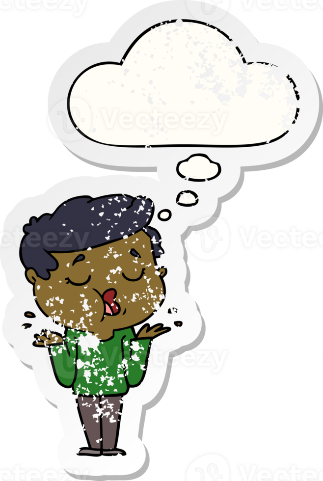 cartoon man talking and shrugging shoulders with thought bubble as a distressed worn sticker png