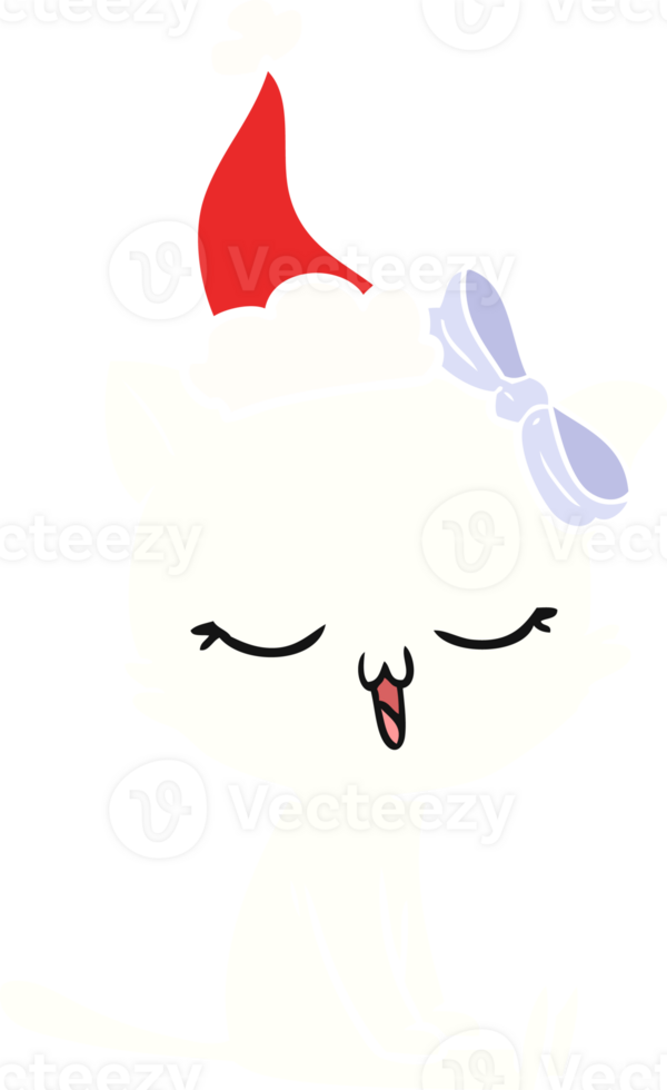 hand drawn flat color illustration of a cat with bow on head wearing santa hat png