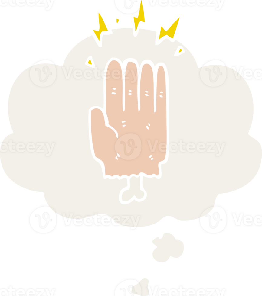 cartoon magic halloween zombie hand with thought bubble in retro style png