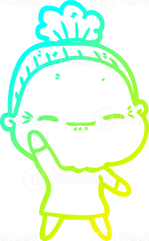 cold gradient line drawing of a cartoon peaceful old woman png