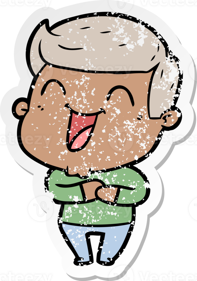 distressed sticker of a cartoon man laughing png
