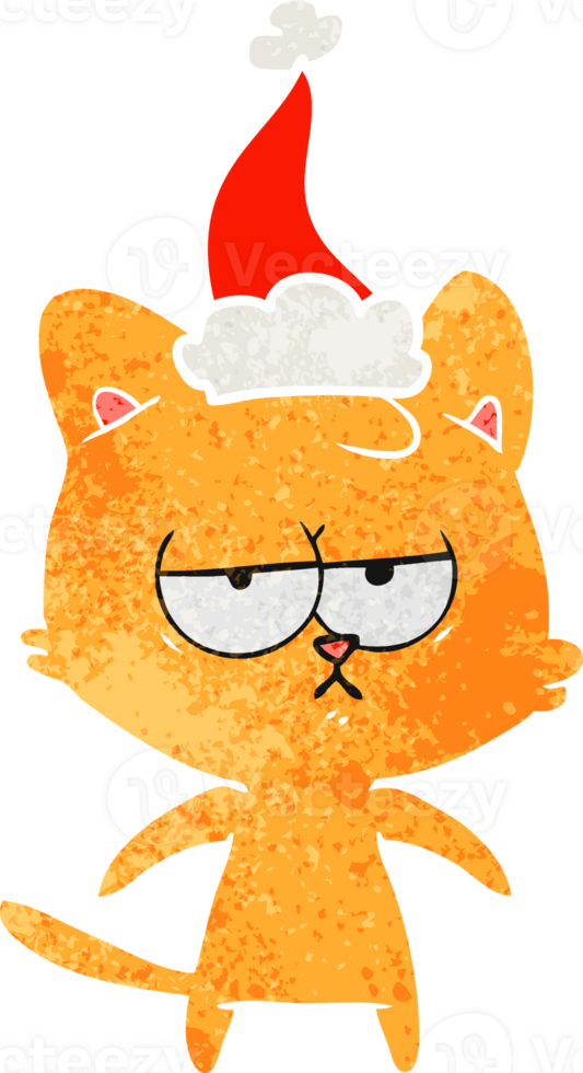 bored hand drawn retro cartoon of a cat wearing santa hat png