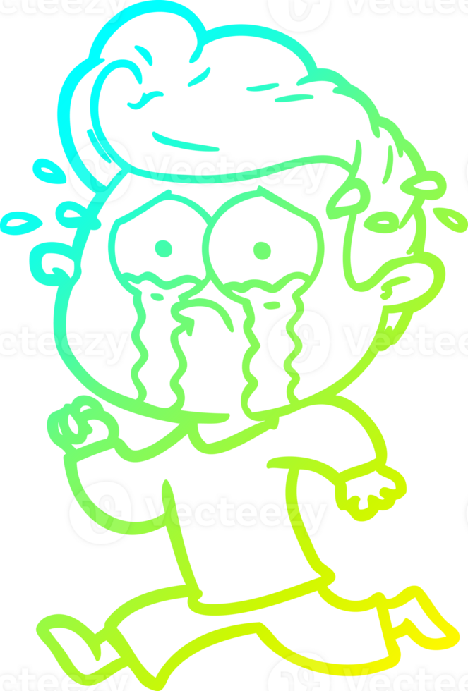 cold gradient line drawing of a cartoon crying man running png