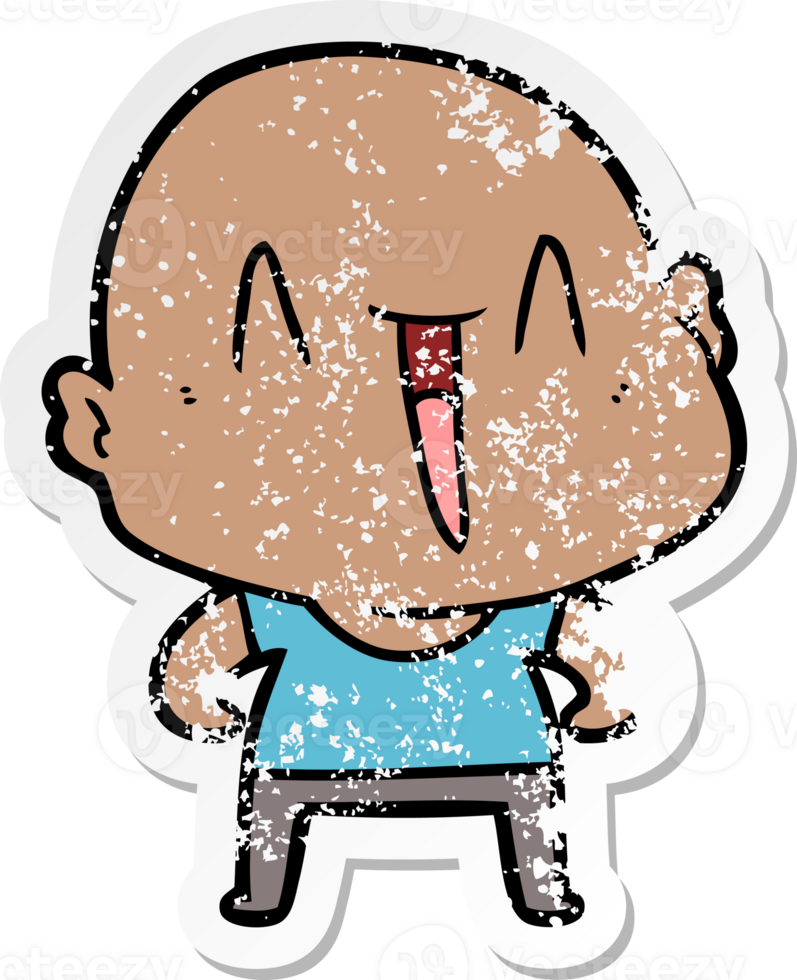 distressed sticker of a happy cartoon bald man png