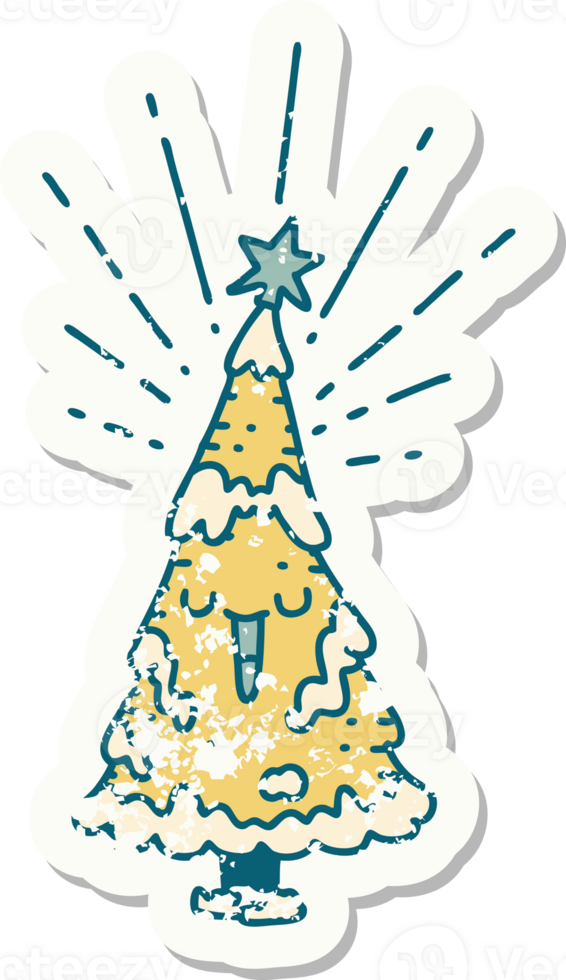 worn old sticker of a tattoo style happy christmas tree png