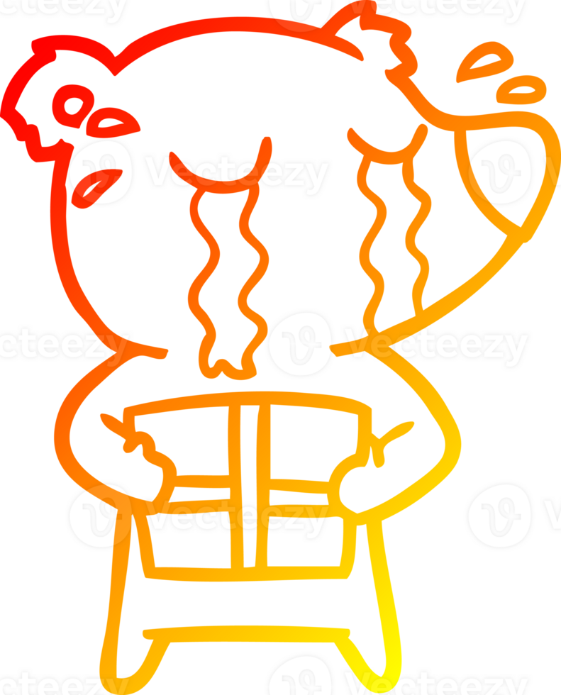 warm gradient line drawing of a cartoon crying bear with present png