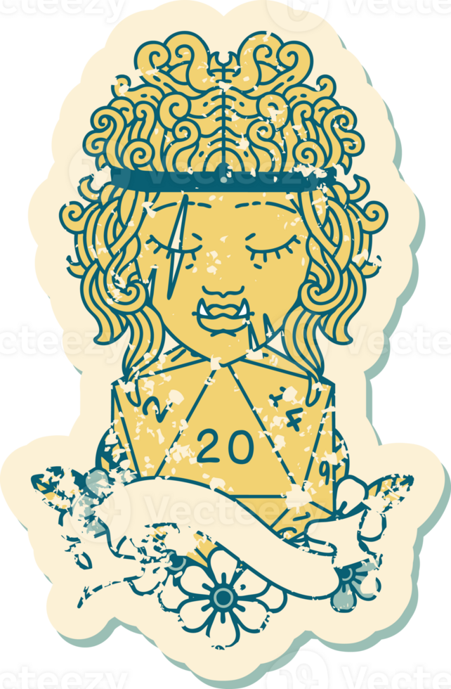 Retro Tattoo Style half orc barbarian character with natural twenty dice roll png