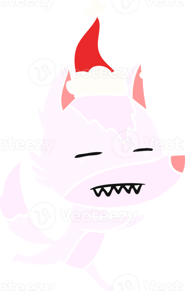 hand drawn flat color illustration of a wolf showing teeth wearing santa hat png