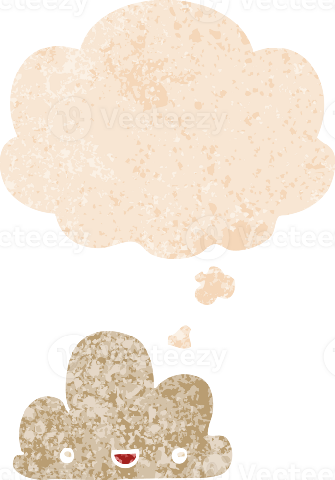 cartoon tiny happy cloud with thought bubble in grunge distressed retro textured style png
