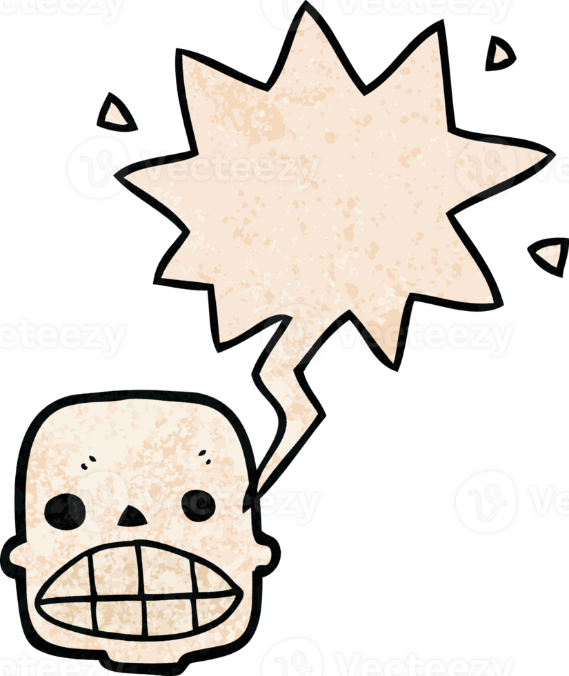 cartoon skull with speech bubble in retro texture style png