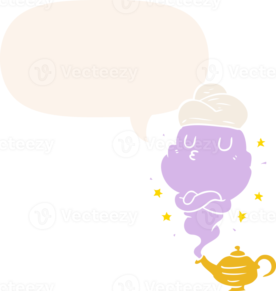 cute cartoon genie rising out of lamp with speech bubble in retro style png