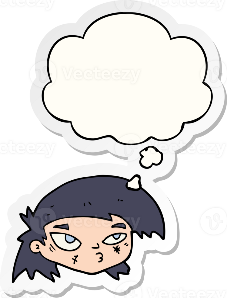 cartoon scratched up face with thought bubble as a printed sticker png