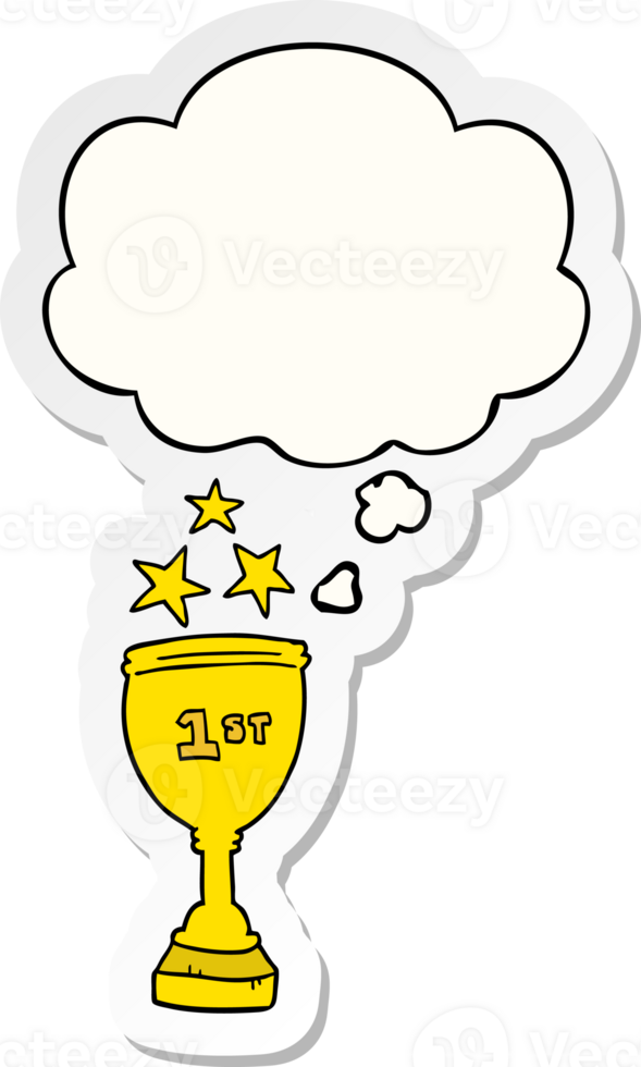 cartoon sports trophy with thought bubble as a printed sticker png