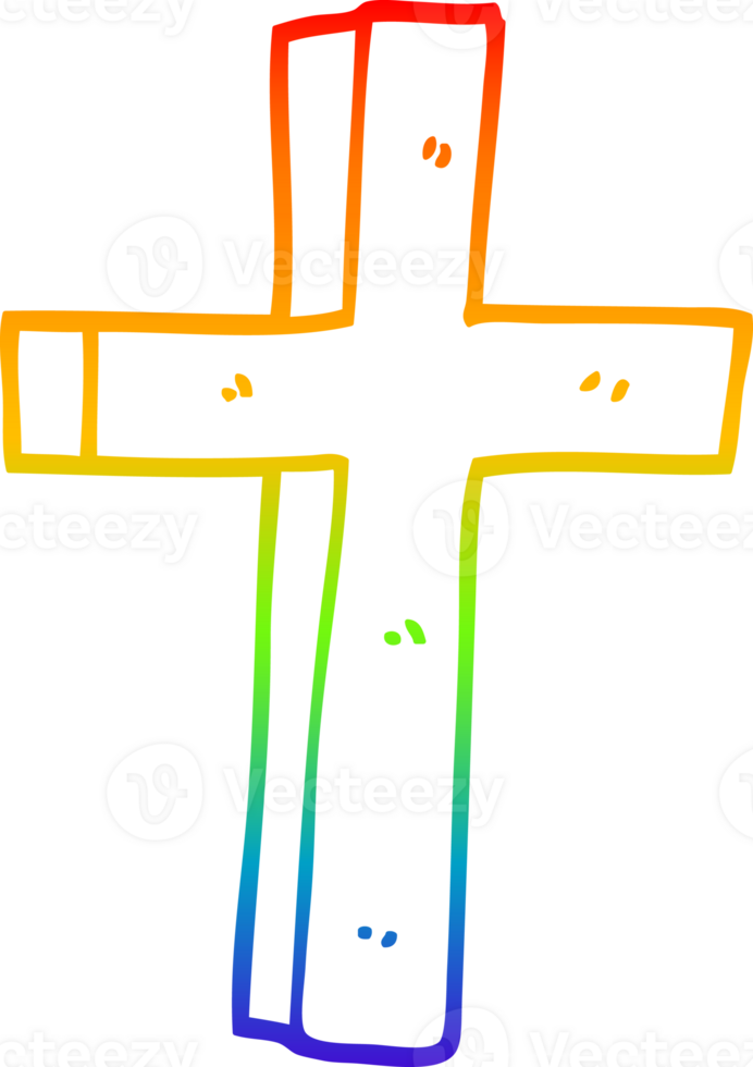 rainbow gradient line drawing of a cartoon wooden cross png