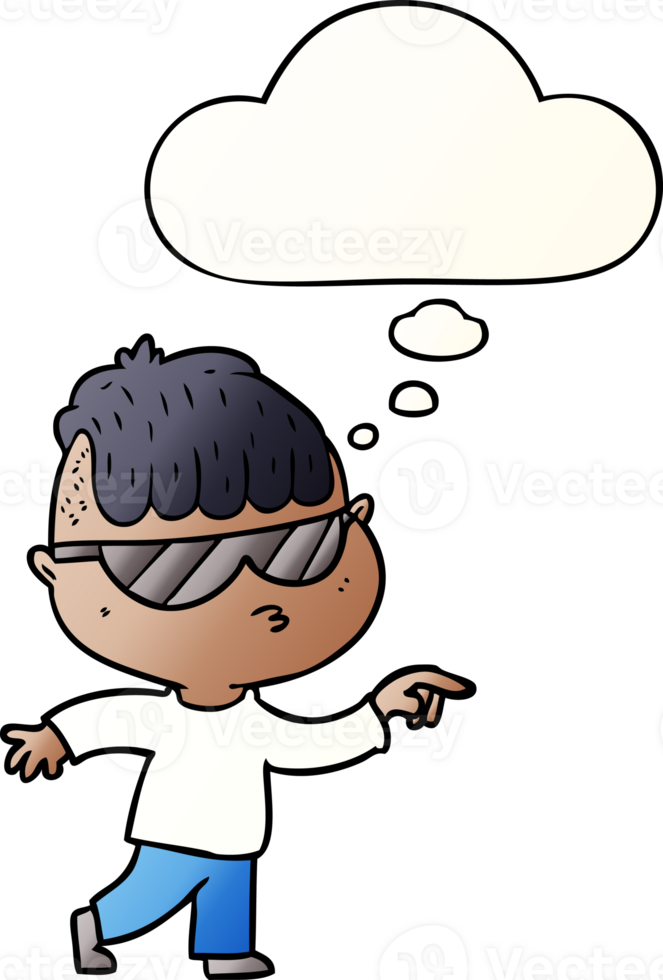 cartoon boy wearing sunglasses pointing with thought bubble in smooth gradient style png
