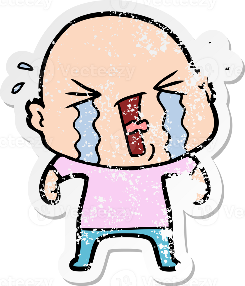 distressed sticker of a cartoon crying bald man png