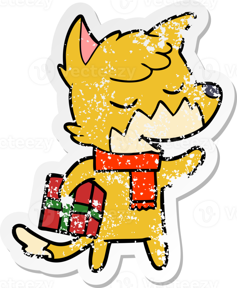 distressed sticker of a friendly cartoon fox with christmas present png