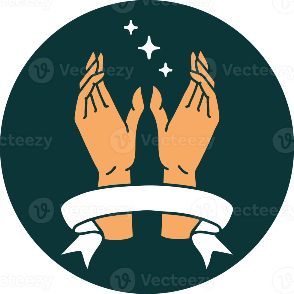 tattoo style icon with banner of reaching hands png