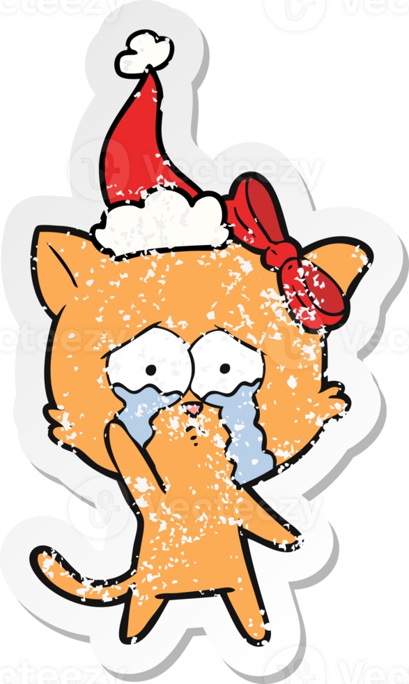 hand drawn distressed sticker cartoon of a cat wearing santa hat png