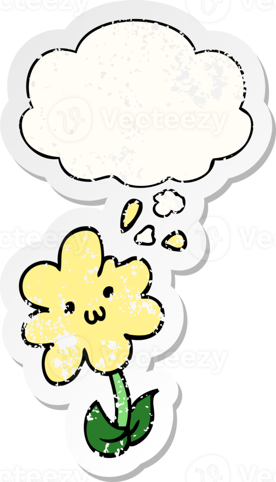 cartoon flower with thought bubble as a distressed worn sticker png