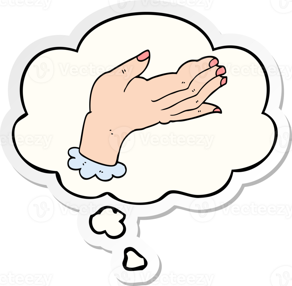 cartoon hand with thought bubble as a printed sticker png