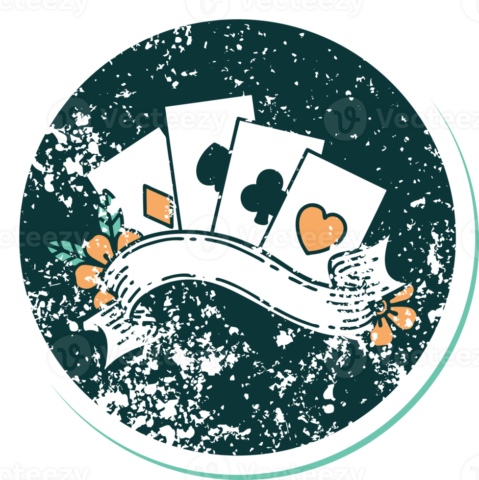 iconic distressed sticker tattoo style image of cards and banner png