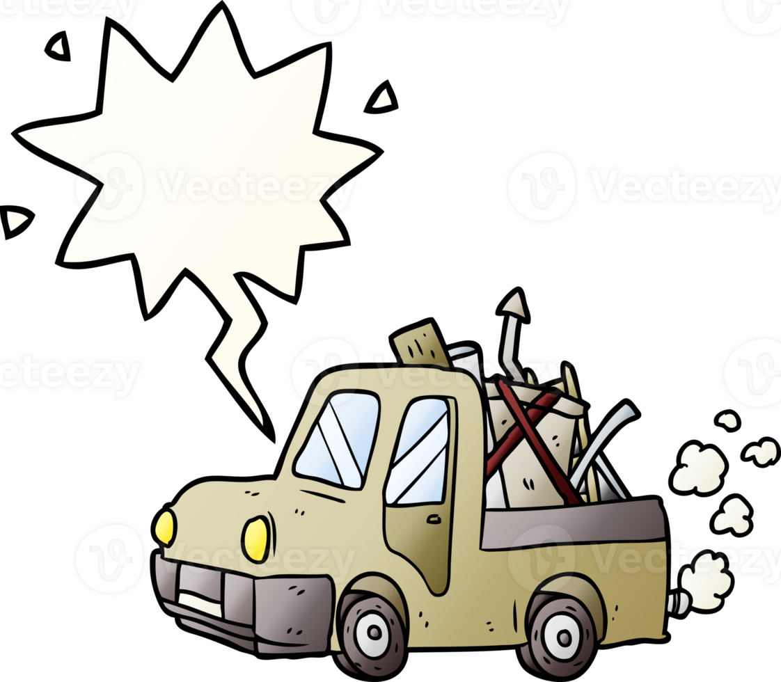 cartoon old truck full of junk with speech bubble in smooth gradient style png