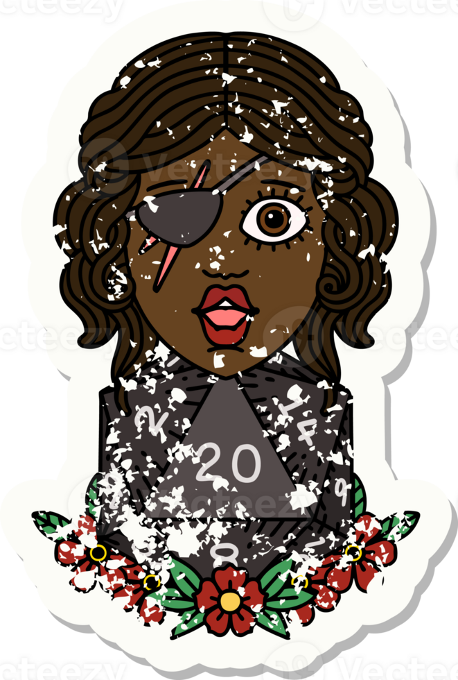 grunge sticker of a human rogue with natural twenty dice roll png