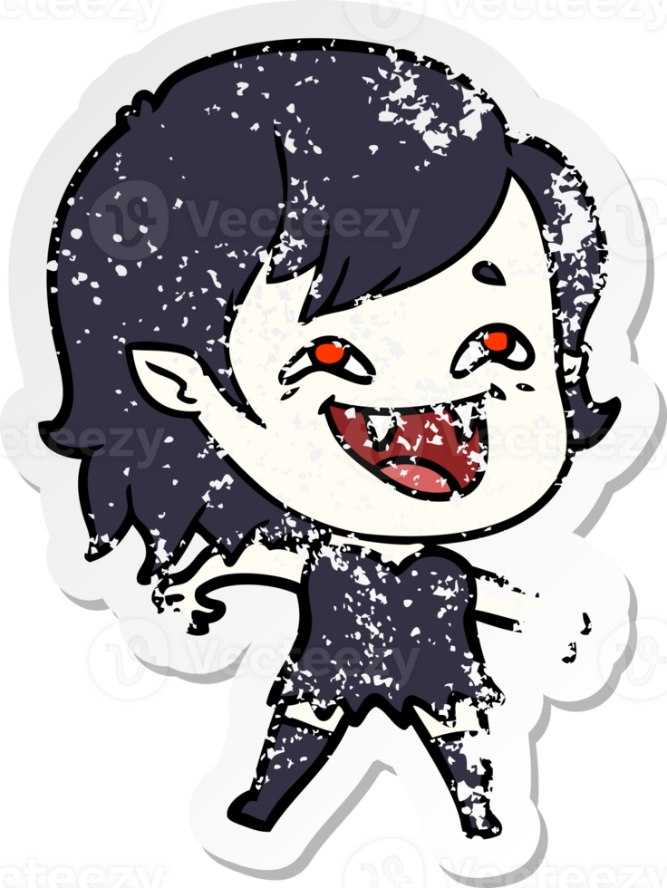 distressed sticker of a cartoon laughing vampire girl png