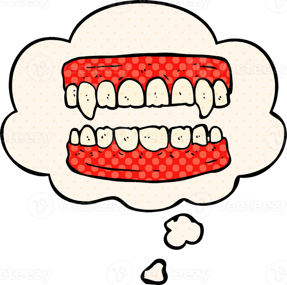 cartoon vampire teeth with thought bubble in comic book style png