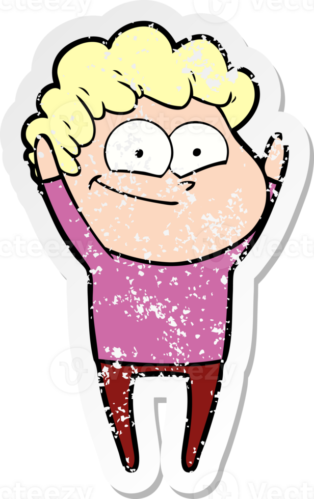 distressed sticker of a cartoon happy man png