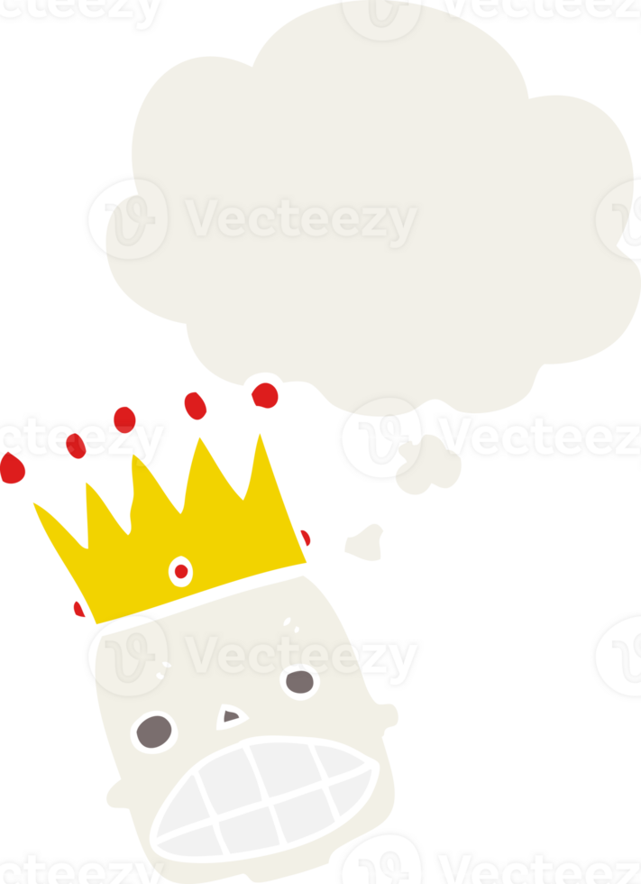 cartoon spooky skull face with crown with thought bubble in retro style png